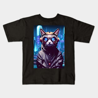 Cool Japanese Techno Cat In Japan Neon City Kids T-Shirt